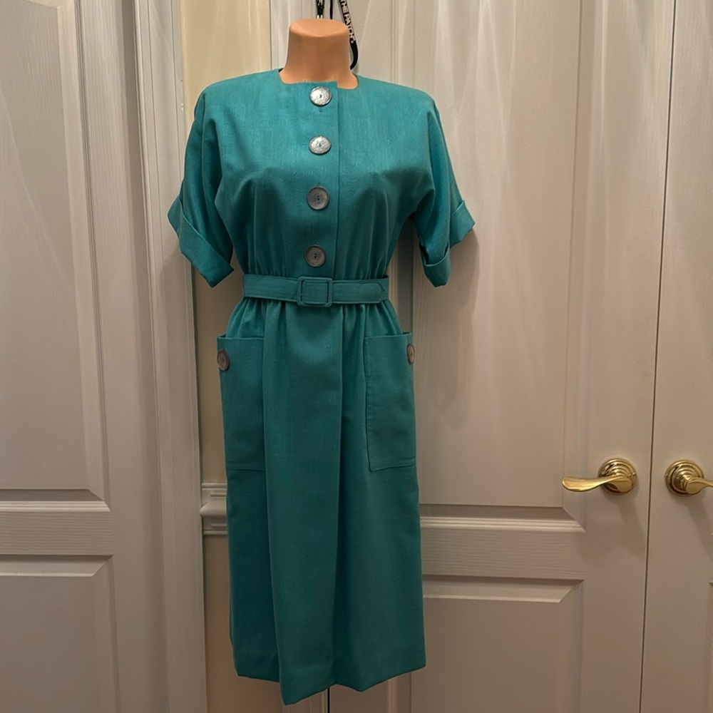 LESLIE FAY Vintage Shirt Dress Aqua Green Size 8 Belted Elastic Waist EUC lcsr